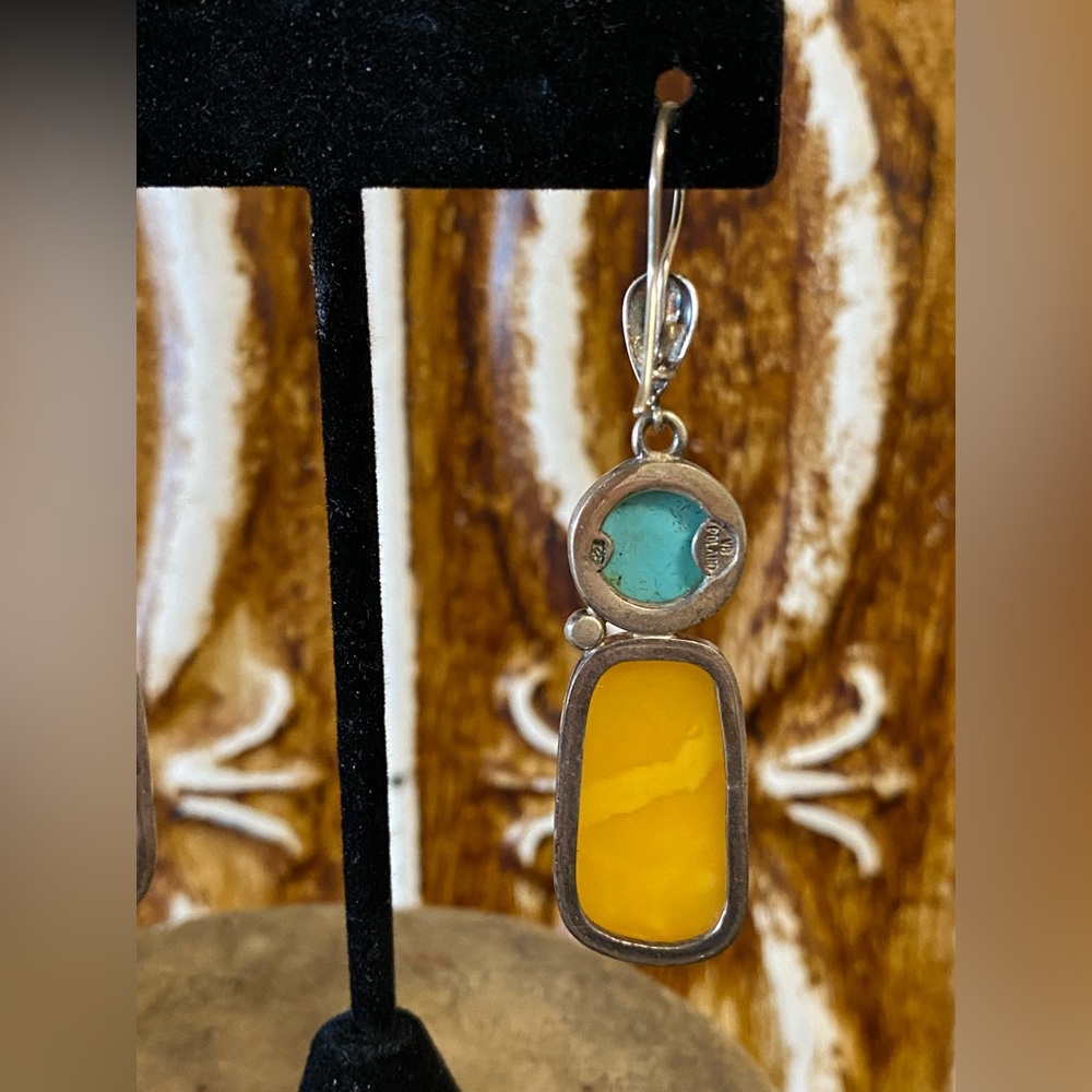 Vintage Turquoise and Butterscotch Amber Sterling Earrings - Picture 8 of 9